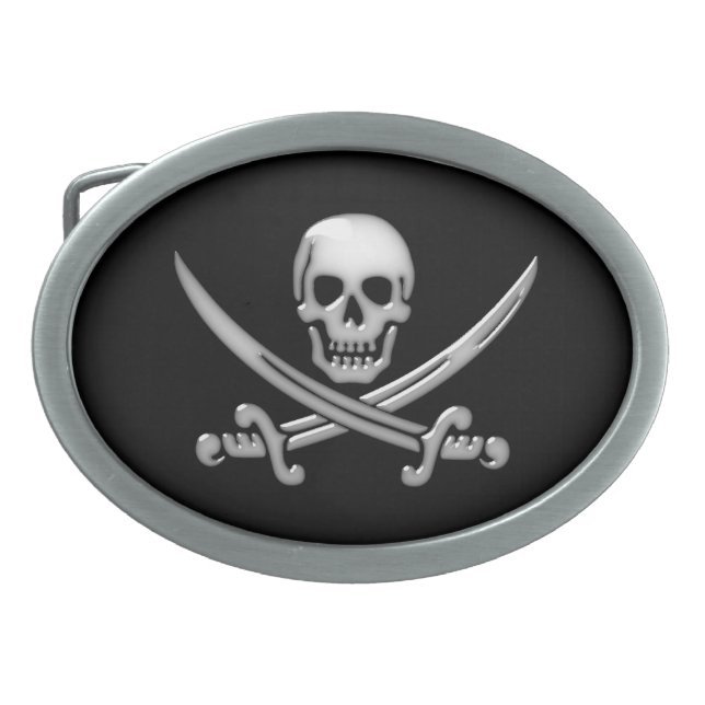 Pirate Skull & Sword Crossbones  Oval Belt Buckle (Front)