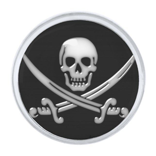 Pirate Skull & Sword Crossbones Silver Finish Lapel Pin (Front)