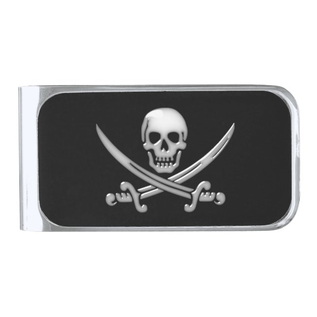 Pirate Skull & Sword Crossbones (TLAPD) Silver Finish Money Clip (Front)