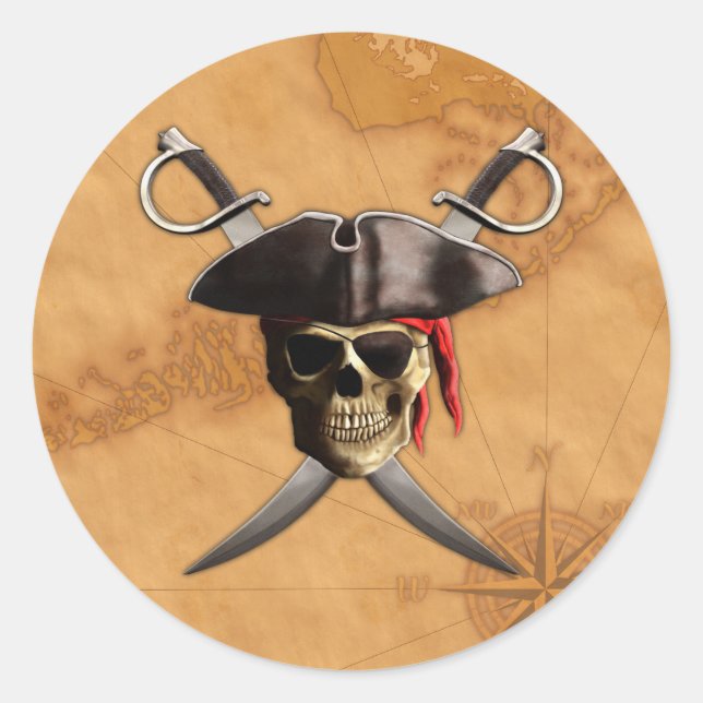 Pirate Skull Swords And Map Classic Round Sticker (Front)