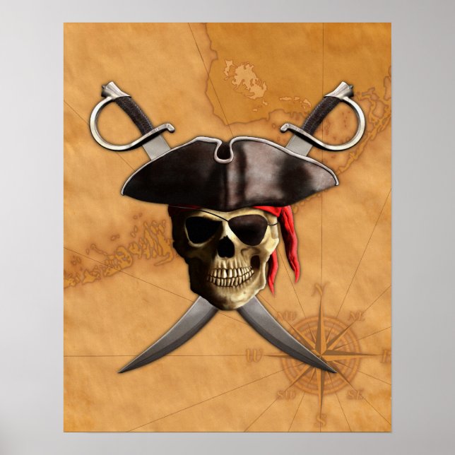 Pirate Skull Swords And Map Poster (Front)