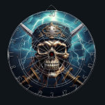 Pirate Skull with Swords Dartboard<br><div class="desc">This striking artwork features a menacing pirate skull, its hollow eyes glaring with an ominous intensity. Crossed behind the skull are two gleaming swords, their blades sharp and battle-worn, symbolizing the fearless spirit of the high seas. In the background, jagged lightning bolts crack through a stormy sky, adding a dramatic...</div>