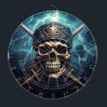 Pirate Skull with Swords Dartboard<br><div class="desc">This striking artwork features a menacing pirate skull, its hollow eyes glaring with an ominous intensity. Crossed behind the skull are two gleaming swords, their blades sharp and battle-worn, symbolizing the fearless spirit of the high seas. In the background, jagged lightning bolts crack through a stormy sky, adding a dramatic...</div>