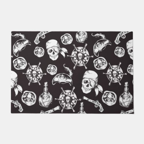 Pirate skulls black white pattern doormat