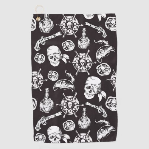 Pirate skulls black white pattern golf towel