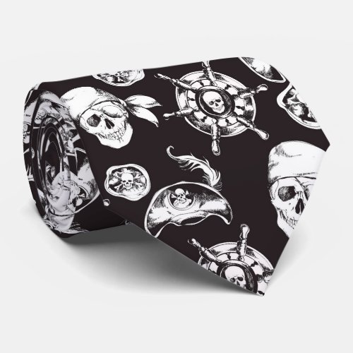 Pirate skulls black white pattern neck tie