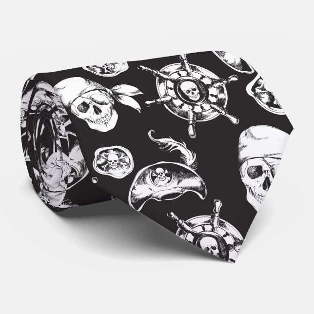 Pirate skulls black white pattern neck tie (Rolled)