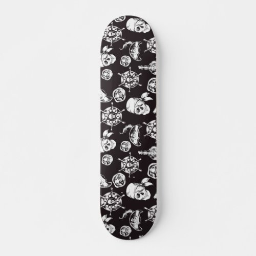 Pirate skulls black white pattern skateboard