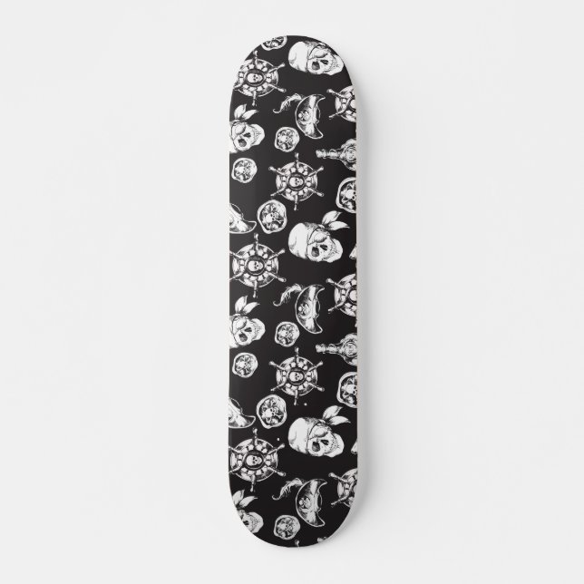 Pirate skulls black white pattern skateboard (Front)