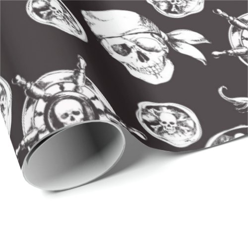 Pirate skulls black white pattern wrapping paper