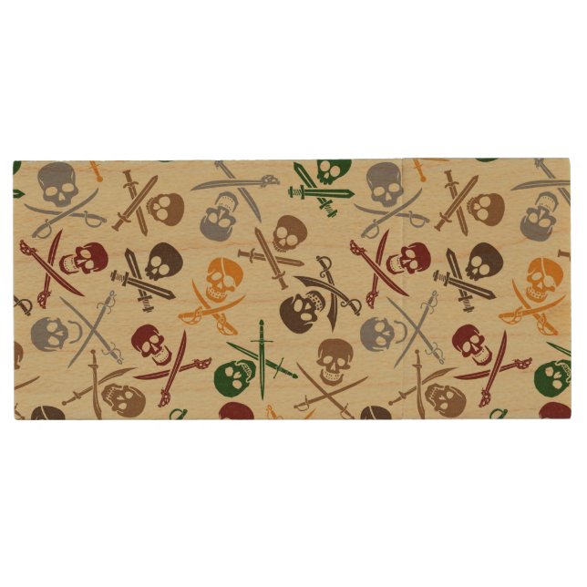 Pirate Skulls with Crossed Swords Wood USB Flash Drive (Front)