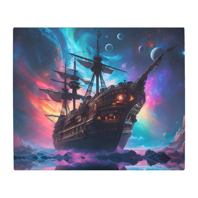 Pirate SpaceShip Lands on Another Planet Metal Print (Front)