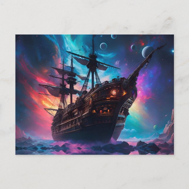 Pirate SpaceShip Lands on Another Planet Postcard (Front)