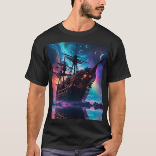 Pirate SpaceShip Lands on Another Planet T_Shirt