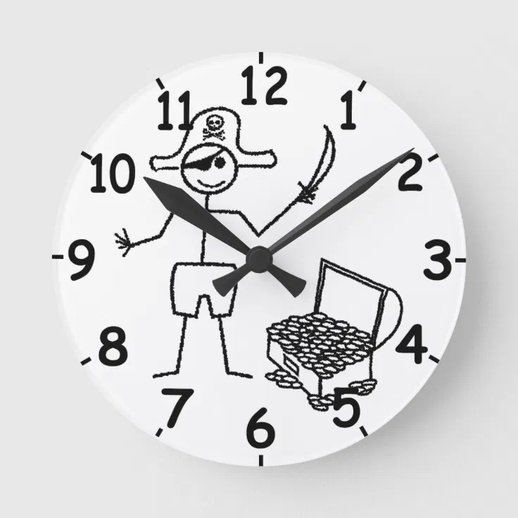 Pirate Stickman With Treasure Chest Round Clock Zazzle