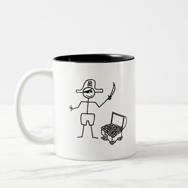 Pirate Stickman With Treasure Chest Two-Tone Coffee Mug (Left)