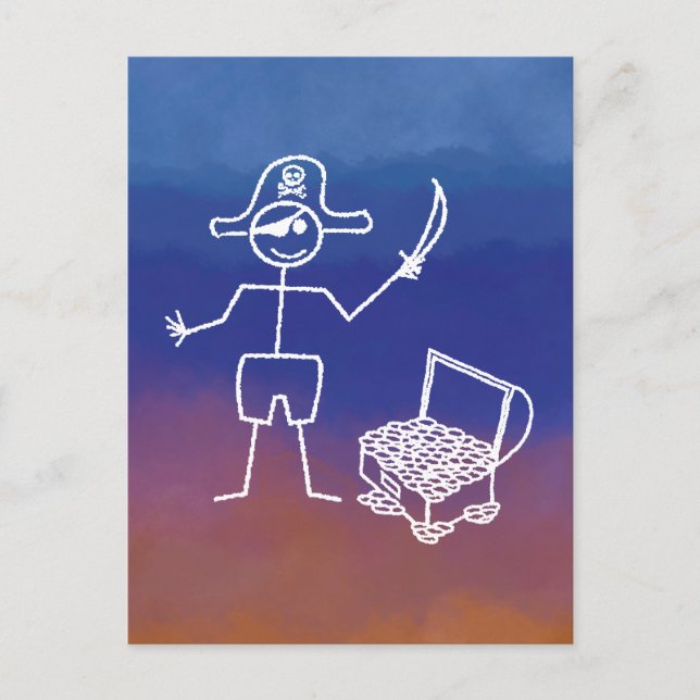 Pirate Stickman With Treasure Chest Watercolor Postcard (Front)