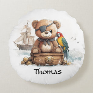 Pirate Teddy Bear Adventure - Customizable Round Pillow