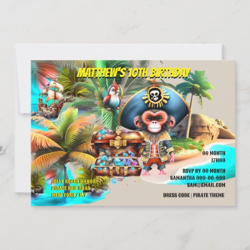 Pirate theme birthday  Captain monkey bird island Invitation