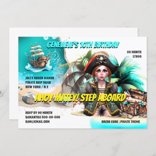Pirate theme birthday girl captain treasure chest invitation