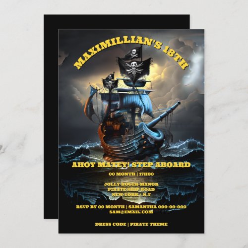 Pirate theme birthday party jolly roger ghost ship invitation