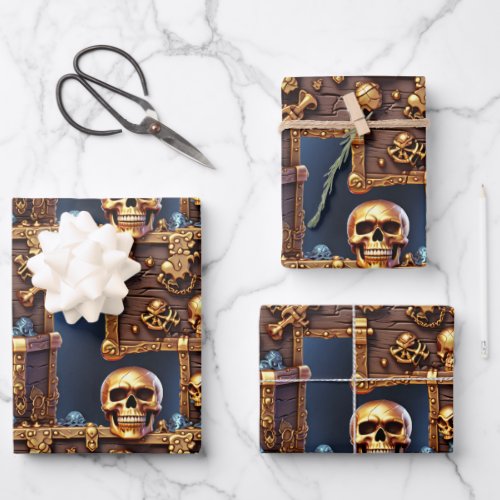 Pirate theme birthday skull 3D skeleton chest Wrapping Paper Sheets