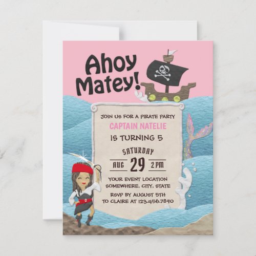 Pirate Theme Captain Girl Birthday Party Invitation