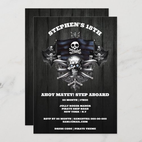 Pirate theme jolly roger ahoy matey skull masthead invitation