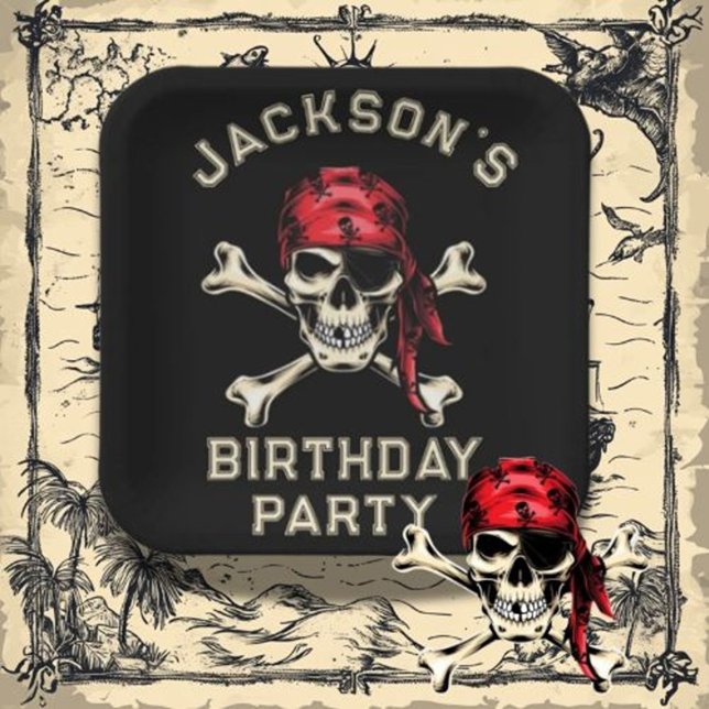 Pirate theme Party Adult Salty Skull  Black 2 Paper Plates (Host an unforgettable pirate theme party for adults with salty skull black decor.)