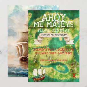 Pirate Theme Party   Watercolor Treasure Map Invitation