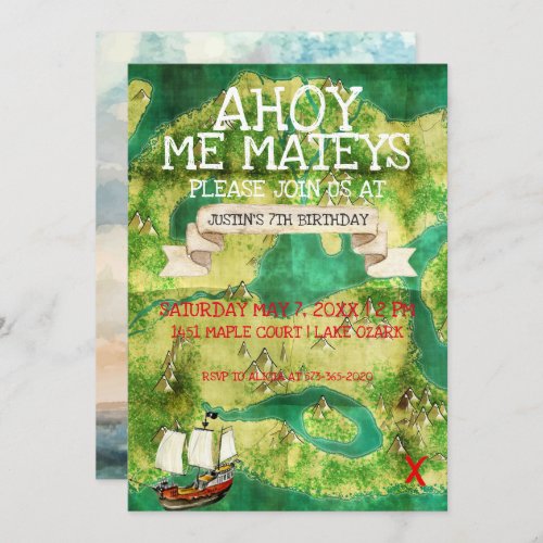 Pirate Theme Party  Watercolor Treasure Map Invitation