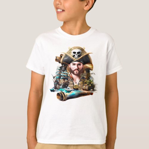 Pirate theme treasure chest ship ahoy matey white T_Shirt