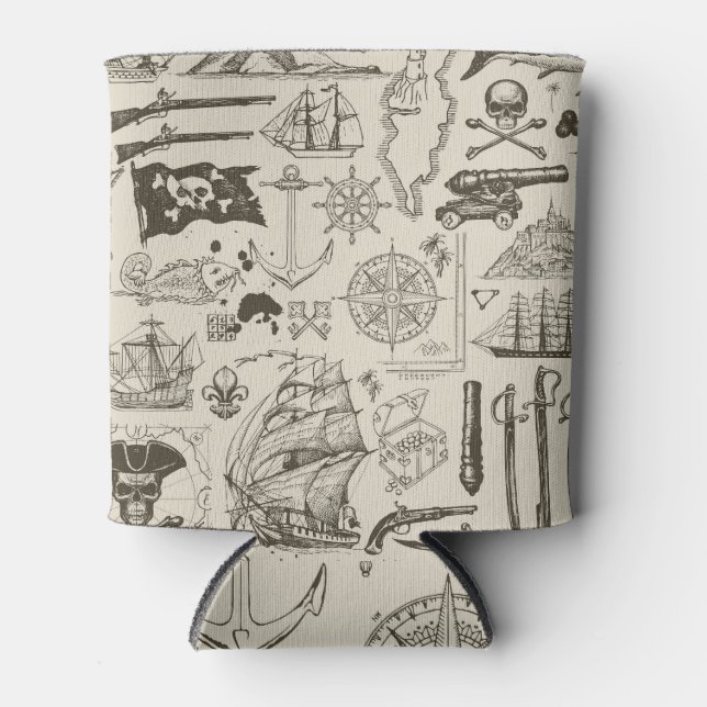 Pirate theme: vintage nautical pattern. can cooler (Front)