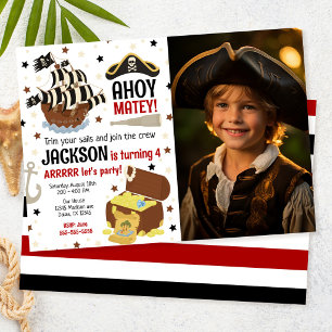 Pirate Themed Ahoy Jolly Roger Boy Photo Birthday Invitation