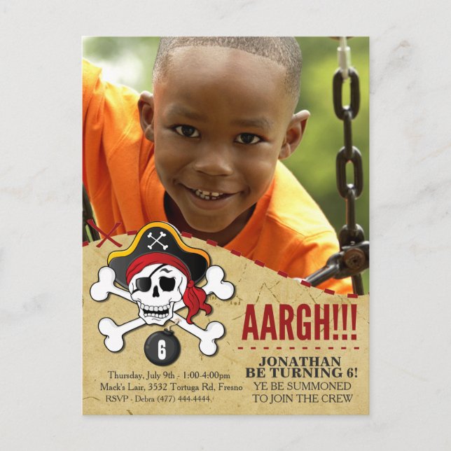 Pirate Themed Party Invitation for Kids Postcard (Front)
