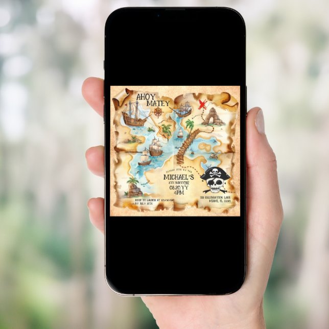 Pirate Themed Treasure Map Birthday Party Invitation (Front Digital)