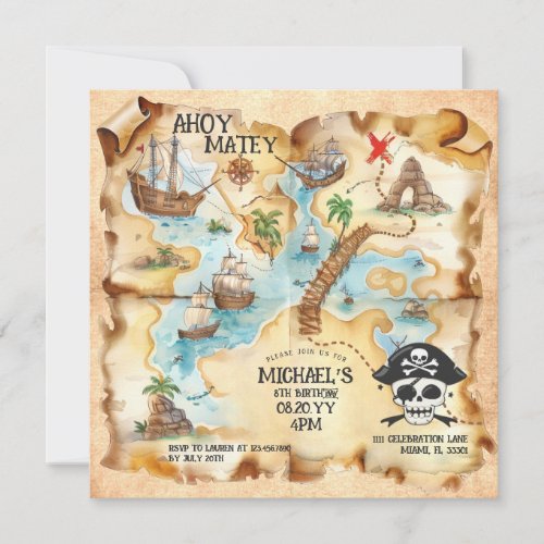 Pirate Themed Treasure Map Birthday Party Invitation