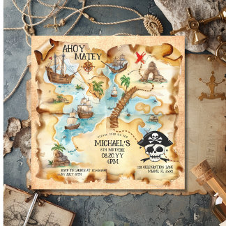 Pirate Themed Treasure Map Birthday Party Invitation