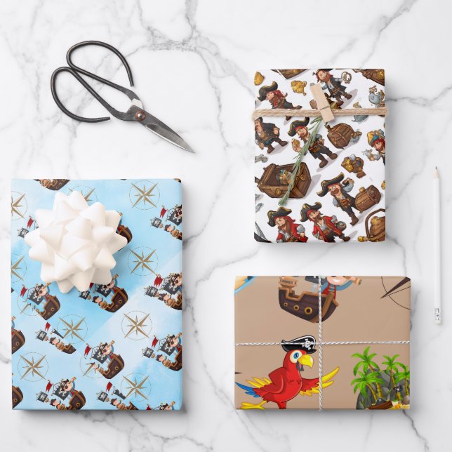 Pirate Themed Wrapping Paper Flat Sheet Set of 3 (Front)