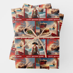 Pirate Treasure Boy's Birthday Personalize Name 3 Wrapping Paper Sheets