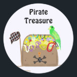 Pirate Treasure Classic Round Sticker<br><div class="desc">A loaded treasure chest full of pirate jewels and coins. A trusty parrott guards the treasure chest. Customize by changing the words if so desired.</div>