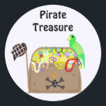 Pirate Treasure Classic Round Sticker<br><div class="desc">A loaded treasure chest full of pirate jewels and coins. A trusty parrott guards the treasure chest. Customize by changing the words if so desired.</div>