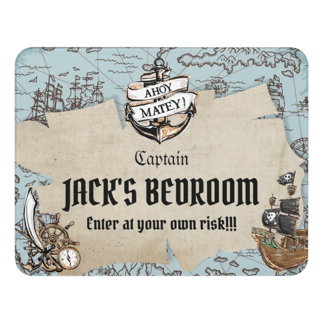 Pirate Treasure Hunt Map Ahoy Matey Boy Bedroom Door Sign (Contemporary Front)