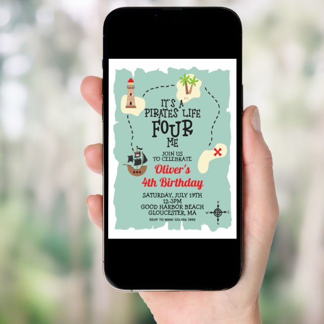 Pirate Treasure map  4th Birthday Invitation (Front Digital)