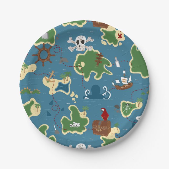 Pirate Treasure Map Birthday Blue Paper Plates (Front)