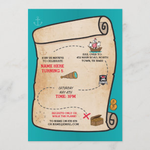 Pirate Treasure Map Birthday Ship Party Invite
