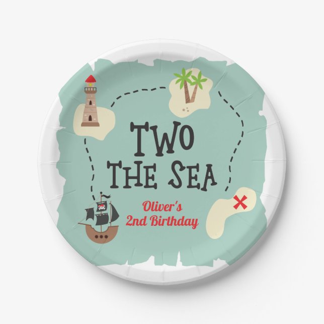 Pirate treasure map two the sea 2nd Birthday Paper Plates (Front)