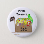 Pirate Treasure Pinback Button<br><div class="desc">A big treasure chest full of pirate loot. Jewels and coins guarded by the trusty parrott. Customize by changing the words if so desired.</div>