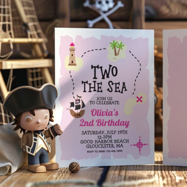 Pirate Two the Sea Pink Birthday Invitation (Creator Uploaded)