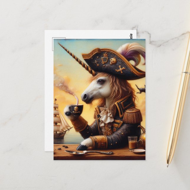 Pirate unicorn encaustic art with a coffee postcard (Front/Back In Situ)